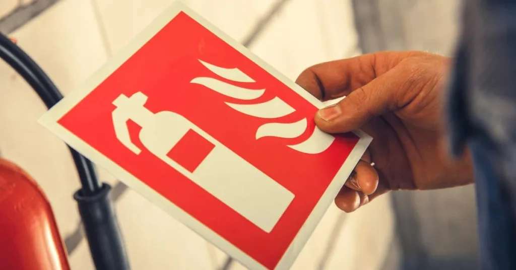 A hand holds a red and white sign, with a white fire extinguisher symbol on it. 