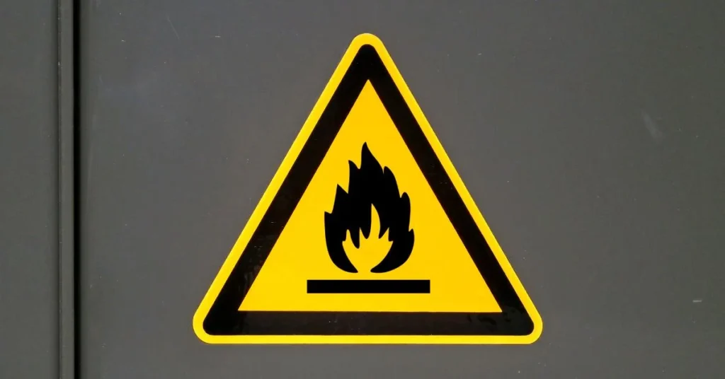 A black and yellow fire 'warning sign' on a grey wall.