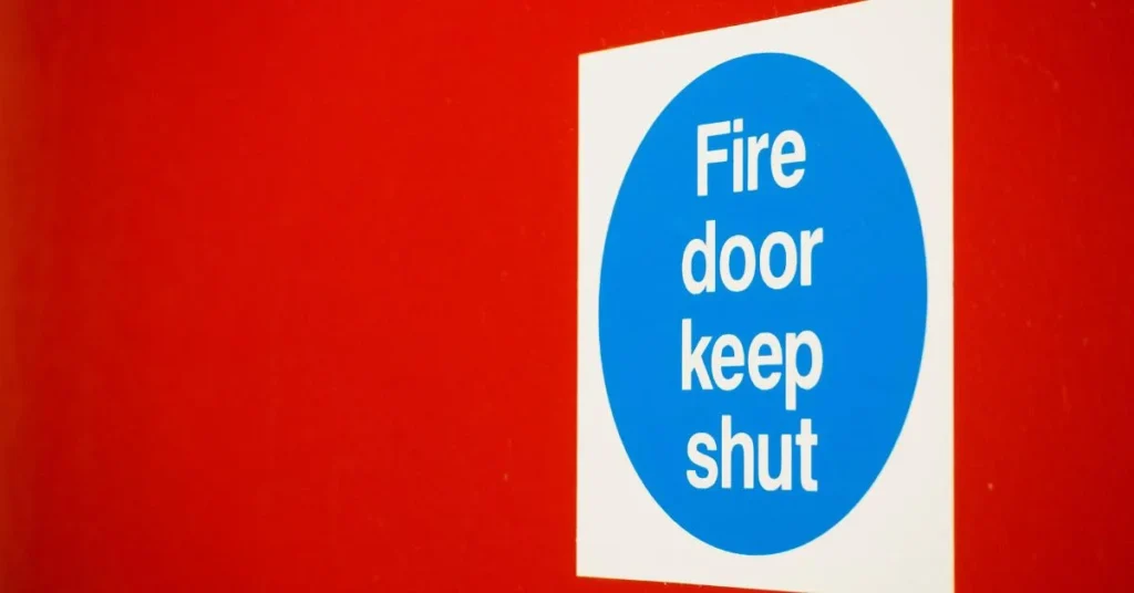 A white and blue 'fire door keep shut' sign on a red door.