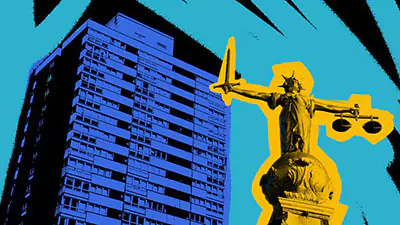 Graphic design with justice statue and block of flats
