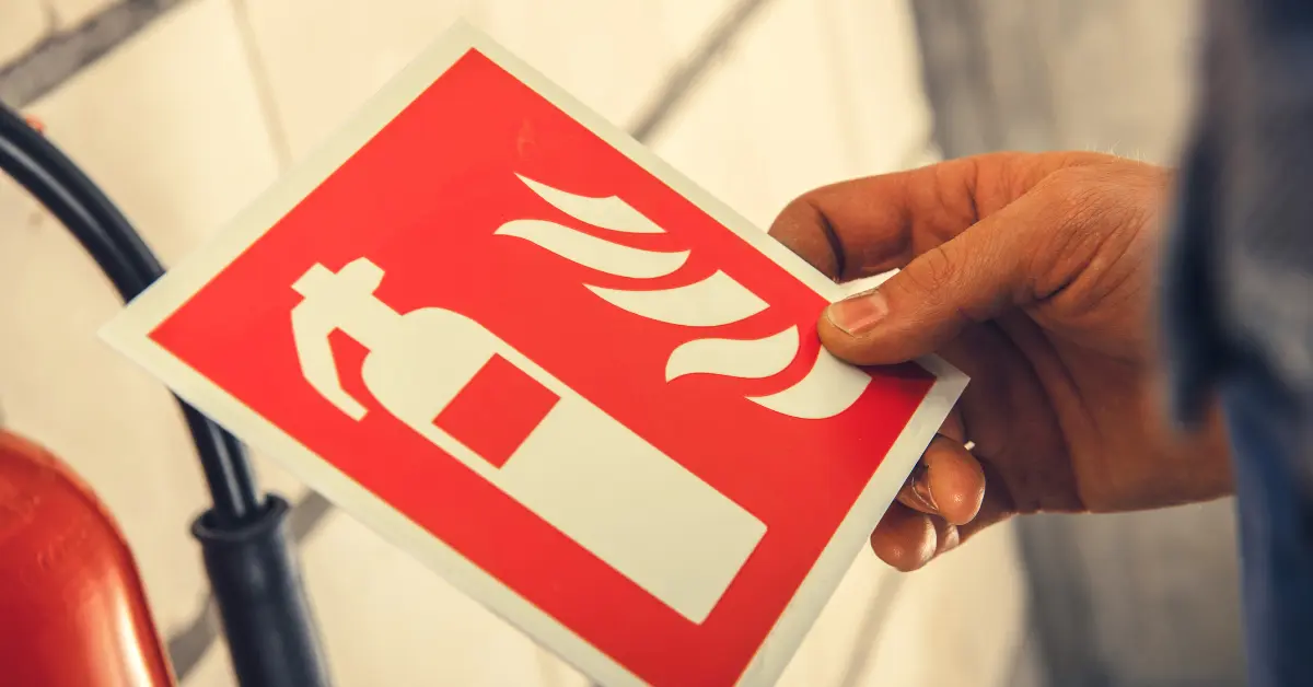 close up of a hand holding a fire safety sign